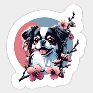 Japanese Chin with Spring Cherry Blossoms Joyful Expression Sticker